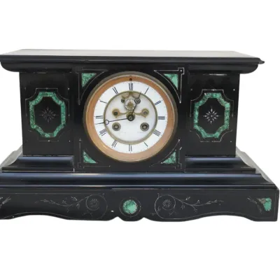 Sale Photo Thumbnail #182: ANTIQUE FRENCH BELGIUM BLACK SLATE MALACHITE INLAY CLOCK