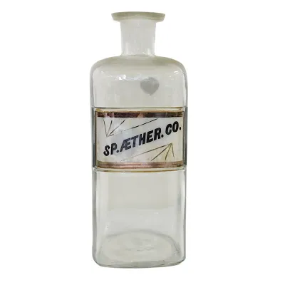 Sale Photo Thumbnail #318: ANTIQUE APOTHECARY ETHER LABEL UNDER GLASS BOTTLE