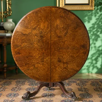 Sale Photo Thumbnail #224: ENGLISH VICTORIAN BURR WALNUT TILT-TOP LOO TABLE, 19th CENTURY

