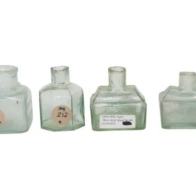 Sale Photo Thumbnail #270: 4 ANTIQUE AQUA GLASS INKWELLS