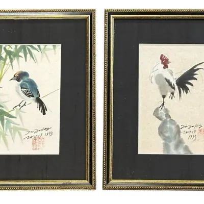 Sale Photo Thumbnail #164: VINTAGE 2 CHINESE INK & WATERCOLOR ROOSTER & BLUEBIRD