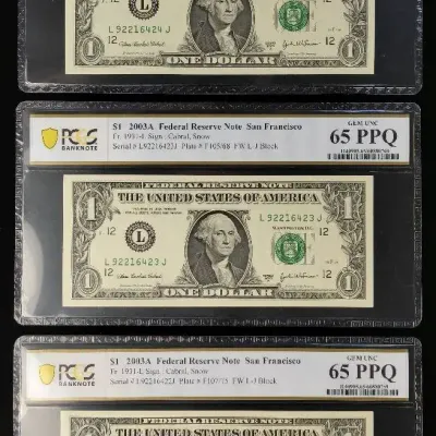 3 2003-A $1.00 Federal Reserve Notes in Sequential Serial Numbers PCGS MS-64 & MS-65 PPQ