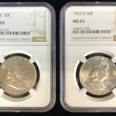 1963 & 1963-D Silver Franklin Half Dollars, NGC MS-63, 2 Total 