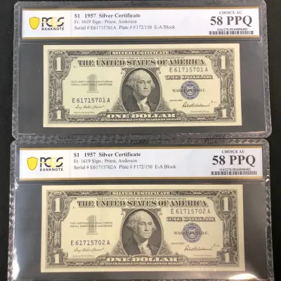 1957 Sequential Serial Number $1 Silver Certificates, PCGS AU-58 PPQ, 2 Total