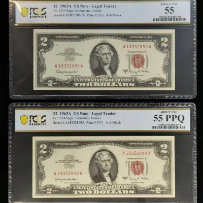 2 1963-A $2.00 Red Seal Notes Sequential Serial Numbers PCGS AU-55 PPQ