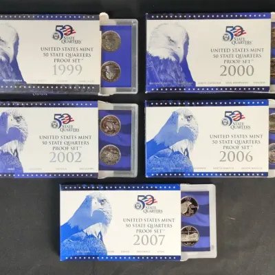 5 US Mint Proof Statehood Quarter Sets 1999, 2000, 2002, 2006 & 2007, Original Sets