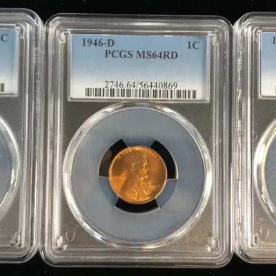 1945-D, 1946-D, & 1947-D Lincoln Wheat Cents, PCGS MS-64RD, 3 Total