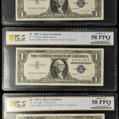 3 1957-A $1.00 Silver Certificates in Sequential Serial Numbers PCGS AU-58 PPQ