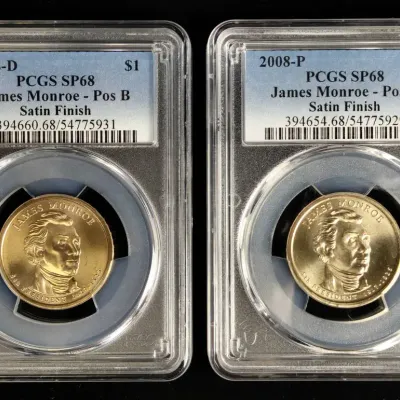 2008-P & 2008-D $1.00 Presidential Dollars "Monroe" Satin Finish PCGS SP-68