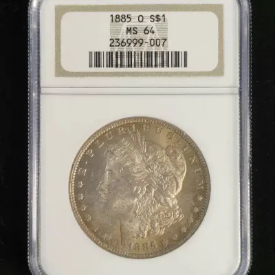 1885-O Silver Morgan Dollar, Toned on Obverse, NGC MS-64