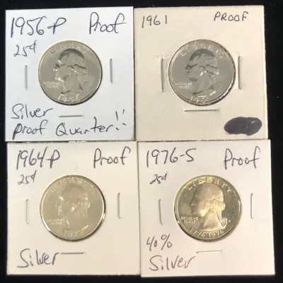 1956-P, 1961, 1964-P, & 1976-S Silver Proof Washington Quarters, 4 Total