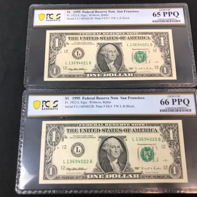 1995 Sequential Serial Number Federal Reserve Notes, PCGS MS-65/MS-66, 2 Total
