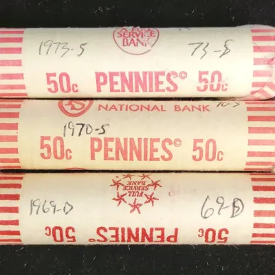 3 Uncirculated Original Lincoln Cent Bank Rolls 1969-D, 1970-S & 1973-S, 1970-S is Sealed