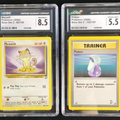 2 2000 Pokemon Cards Base Set Meowth & Potion CGC Graded