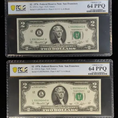 2 1976 $2.00 Federal Reserve Notes Sequential Serial Numbers PCGS MS-64 PPQ