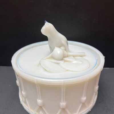 LOT 120: Portieux Vallerysthal Milk Glass Vintage Lidded Dish Cat on Drum