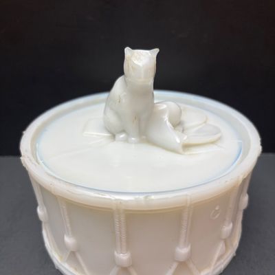 LOT 120: Portieux Vallerysthal Milk Glass Vintage Lidded Dish Cat on Drum
