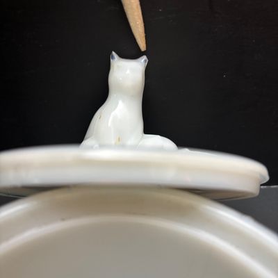 LOT 120: Portieux Vallerysthal Milk Glass Vintage Lidded Dish Cat on Drum
