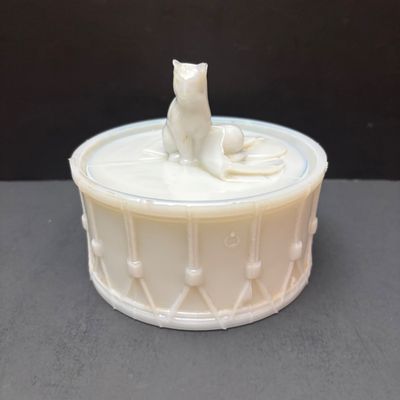LOT 120: Portieux Vallerysthal Milk Glass Vintage Lidded Dish Cat on Drum