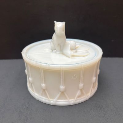 LOT 120: Portieux Vallerysthal Milk Glass Vintage Lidded Dish Cat on Drum