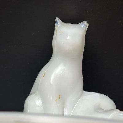 LOT 120: Portieux Vallerysthal Milk Glass Vintage Lidded Dish Cat on Drum