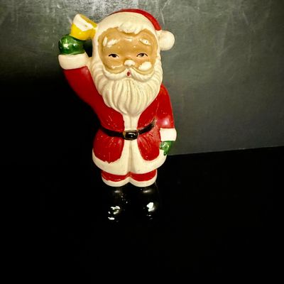 LOT 57: Vintage Holiday Christmas Decor Featuring a Styrofoam Santa Head, Ceramic Santa and a Plastic Jack in the Box Ornament