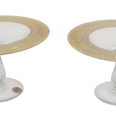 PAIR STEUBEN ATTRIBUTED THREADED COMPOTE, CONTROLLED BUBBLES, TEARDROP PEDESTAL BASE