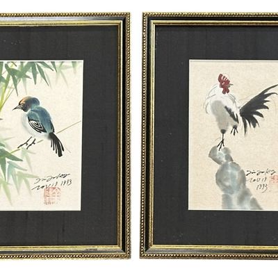 VINTAGE 2 CHINESE INK & WATERCOLOR ROOSTER & BLUEBIRD