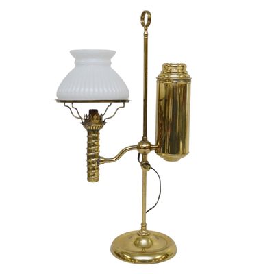 19TH C. BRASS LIBRARY LAMP WITH MILK GLASS SHADE