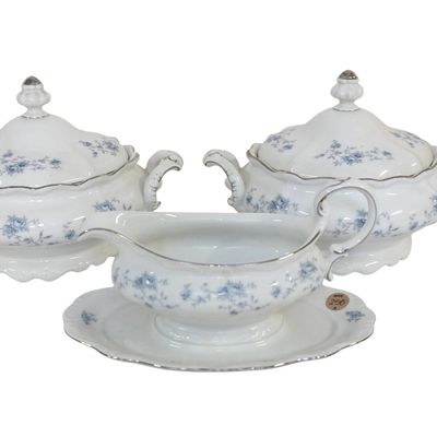 HAVILAND BLUE GARLAND 2 COVERED VEGETABLE DISHES AND GRAVY BOAT