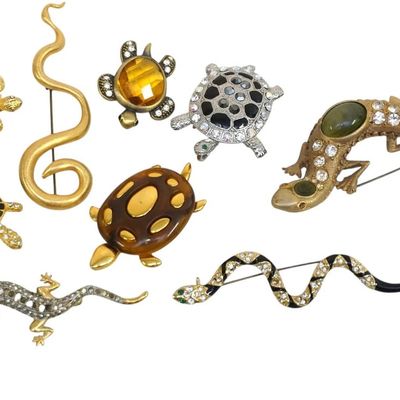 9 pc VINTAGE SNAKE, LIZARD & TURTLE BROOCHES