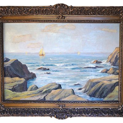 OIL ON CANVAS ROCKY COASTAL SCENE WITH SAILBOATS