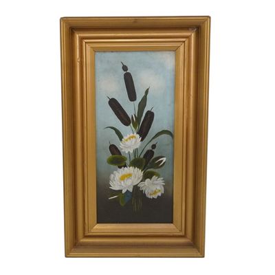 VINTAGE CATTAILS & WATER LILIES OIL PAINTING