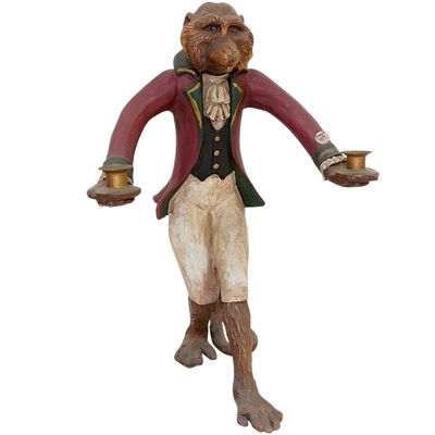 BILL HUEBBE CARVED MONKEY FIGURAL CANDELABRA 1990