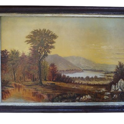 19th c HUDSON RIVER SCHOOL LANDSCAPE WITH GRAZING COWS