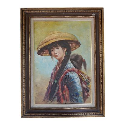 VINTAGE MID CENTURY ASIAN MOTHER & CHILD OIL ON CANVAS