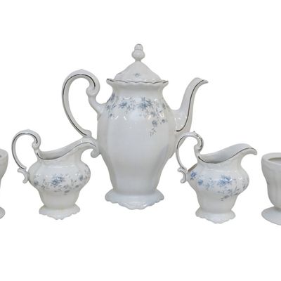 5 HAVILAND BLUE GARLAND CHINA PIECES - TEAPOT, CREAMERS, AND CANDLESTICKS
