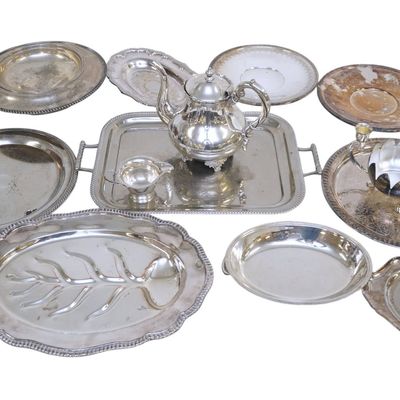 13 PC VINTAGE SILVERPLATE TRAYS, MEAT TRAY TEAPOT +