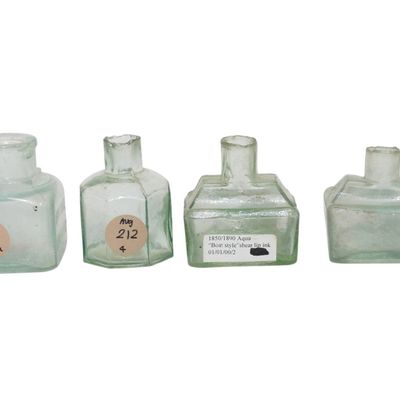 4 ANTIQUE AQUA GLASS INKWELLS