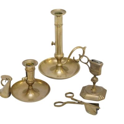 3 ANTIQUE 19th c BRASS CANDLESTICKS PLUS