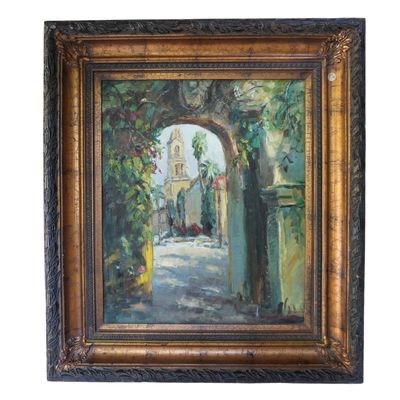 ORIGINAL OIL ON CANVAS EUROPEAN ARCHWAY & CHURCH