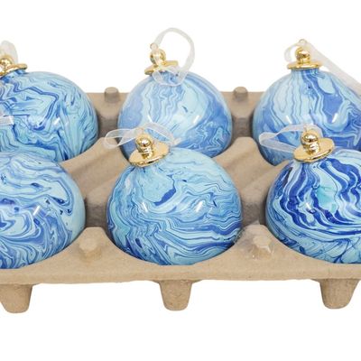 6 LARGE MARBLED BLUE GLASS ORNAMENTS