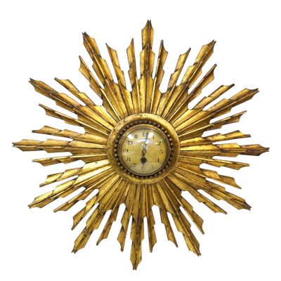 MID CENTURY GILTWOOD SUNBURST CONVEX WALL CLOCK