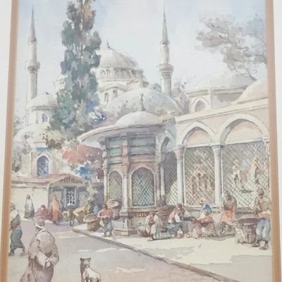 WATERCOLOR YENI DJNI MOSQUE ISTANBUL J. PAVLIKEVITCH