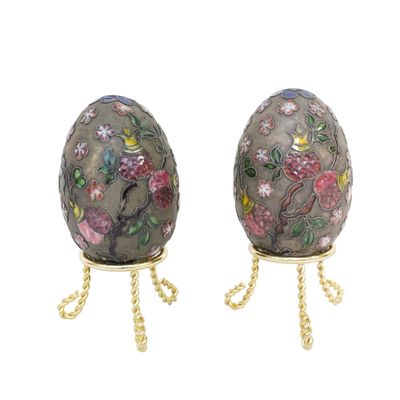 2 VINTAGE CHINESE CLOISONNE EGGS WITH STANDS