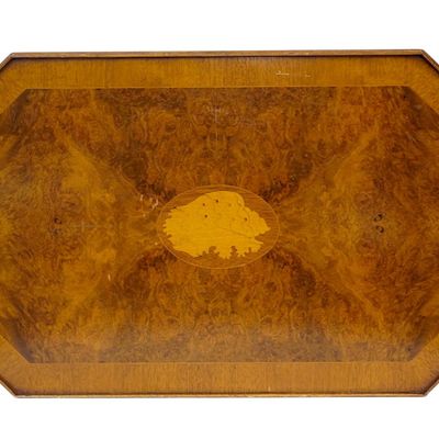 LARGE BURL & YEW WOOD MARQUETRY BUTLERS TRAY