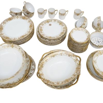 65 PC VINTAGE NORITAKE 1920S CREAM GOLD FLOWERS SCROLL
