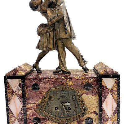 FRENCH ART DECO PIERROT AND COLUMBINE FIGURAL MANTEL CLOCK