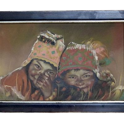 VINTAGE PERUVIAN ORIGINAL PAINTING ON BOARD CHILDREN
