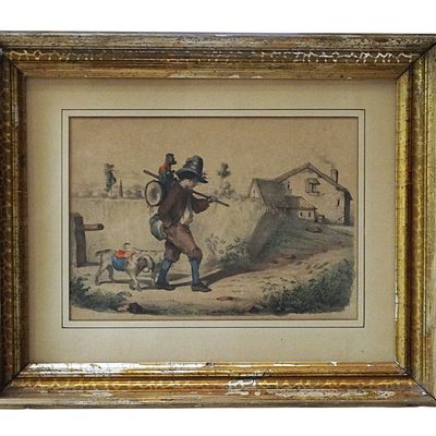 19TH C HAND COLORED ETCHING MUSICIAN WITH DOGS & MONKEY